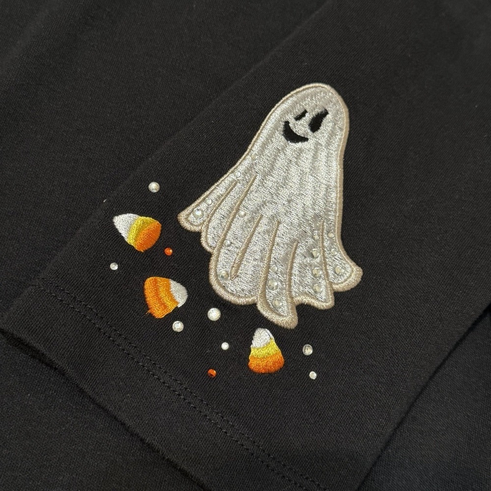 Quacker Factory Boo Ghost Embroidered Embellished Black Shirt XL Halloween NEW - Picture 3 of 10